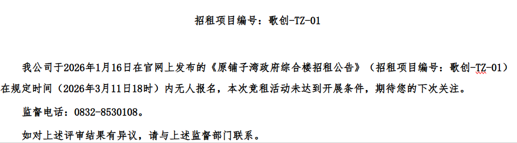 原铺子湾政府综合楼招租公告结果公示